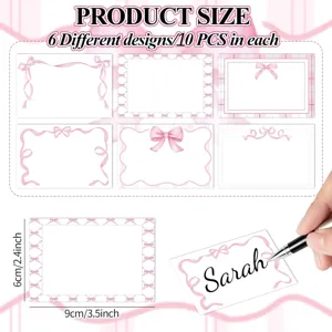 Detailed view of six pink bow sticker designs and dimensions for name labeling