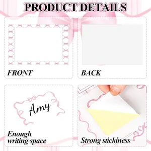 Detailed view of pink bow self-adhesive name stickers showing front back and strong adhesive