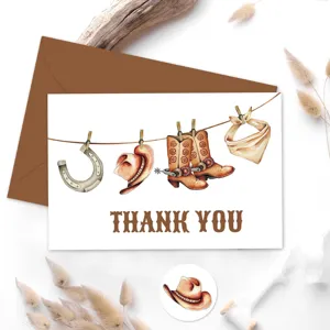 Detailansicht der Dankeskarte im Western-Cowboy-Stil mit Aquarell-Stiefeln und Hut