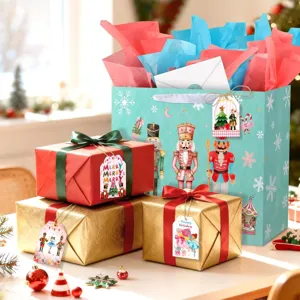 Close-up of festive nutcracker and ballerina holiday gift tags on wrapped presents