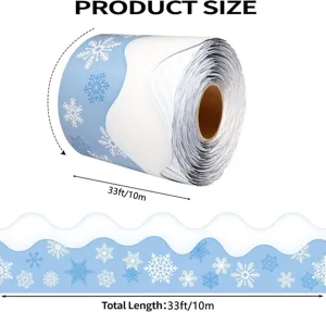 Detailed view of blue snowflake bulletin board border showing 33ft/10m total length.