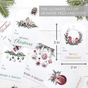Close-up detail showing 3x2 inch dimensions of the 48-piece Christmas gift tags set.