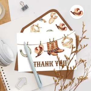 Detail einer Dankeskarte im Western-Stil mit Cowboy-Stiefeln und Hut-Illustrationen
