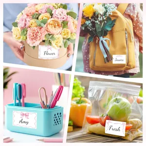 Close-up of pink bow name labels applied to a backpack, storage box, and food bag.