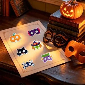 Detailreiche glitzernde Halloween-Maskenaufkleber für DIY-Partys und Geschenkdekoration.