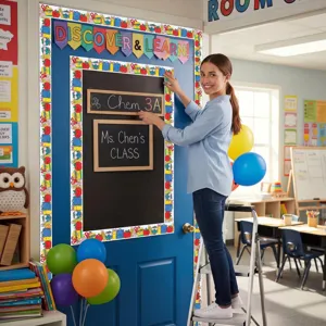 Colorful back-to-school theme bulletin board border sticker applied in a classroom