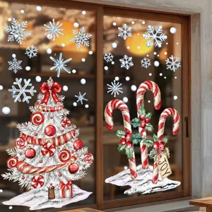 Detailed watercolor style Christmas tree and candy cane window stickers for holiday decor