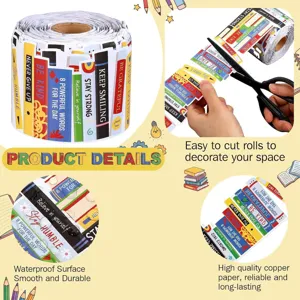 Detailed view of waterproof book spine bulletin board border stickers for classroom decor.