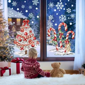 Cozy indoor festive scene featuring Christmas tree and candy cane window stickers on glass