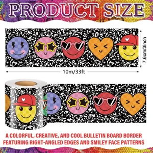 Detail view showing 3-inch height and 33-ft length of smiley bulletin board border.