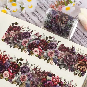 Detaillierte Makroansicht von Vintage-Rosenmustern in Dunkelviolett auf PET-Aufklebern.