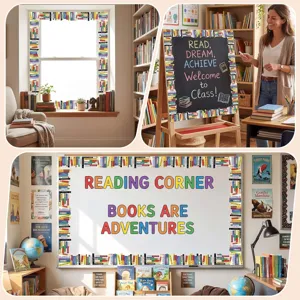 Detailed view of library book border stickers on classroom whiteboards and windows.