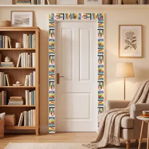 Colorful library book spine decorative border sticker applied to a white door frame