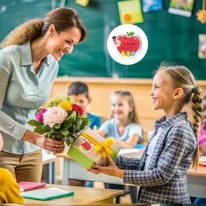 Pegatinas de manzana de agradecimiento al maestro en una caja de regalo en el aula
