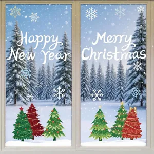 Christmas window stickers set featuring festive trees and Merry Christmas text greeting