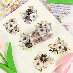Elegante Blumen-PET-Sticker für Scrapbooking mit wasserfesten Goldfolien-Details