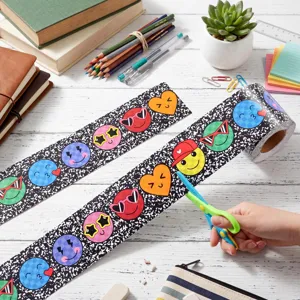 Vibrant back to school bulletin board border roll featuring colorful emoji patterns