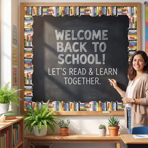 Library book themed classroom bulletin board borders showing classroom application
