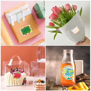 Pegatinas de agradecimiento para maestros en caja de regalo, flores, pastel y botella.