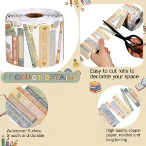 Detailed view of book-themed bulletin board stickers with inspirational quotes