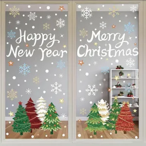 Festive Christmas tree and snowflake window stickers for holiday home and office decoration.