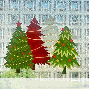 Close-up of waterproof PET static Christmas tree window stickers on a glass surface