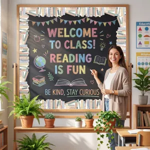 Library book themed bulletin board border stickers in a classroom setting