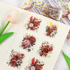 Hochwertige Nahaufnahme von bunten Blumen-PET-Aufklebern mit Rosenstraußen in einem Tagebuch.