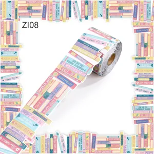 Detailed view of colorful library book spine bulletin board stickers with positive quotes.