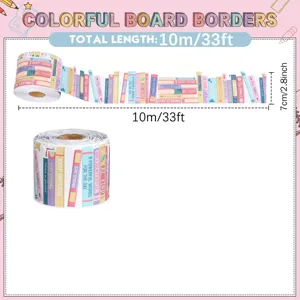 Colorful library book themed bulletin board border stickers, 10m/33ft length dimension detail