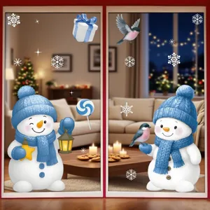 Detailed view of cute snowman and snowflake window stickers applied on glass surface