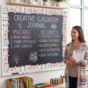 Detailed view of book-themed bulletin board border stickers in classroom setting