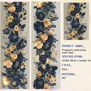Detailansicht von dunkelblauen und goldenen Blumen-PET-Aufklebern mit Text