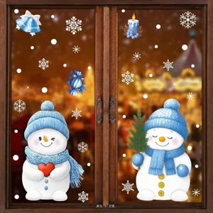 Detailed view of cute blue snowman and snowflake static window stickers for Christmas