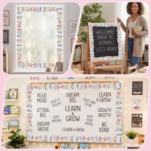 Classroom bulletin board border stickers showing application on chalkboard and window