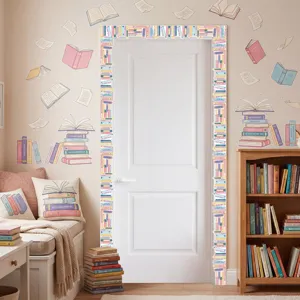 Library theme book stickers applied as a decorative door border in a cozy classroom setting