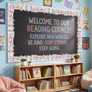 Detailed view of colorful book-themed bulletin board border stickers in a reading corner