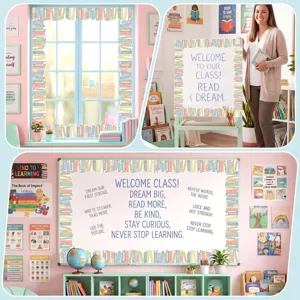 Colorful book-themed bulletin board border stickers for school library decorations