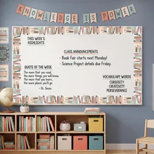 Detailed view of book-themed bulletin board border stickers in a classroom display.