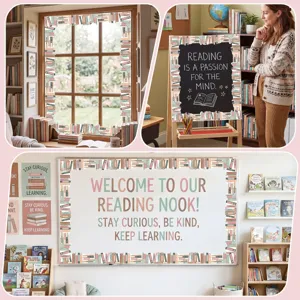 Library themed bulletin board borders applied on whiteboards for classroom decor