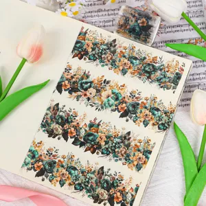 Detailansicht der vintage blaugrünen und orangefarbenen floralen PET-Sticker für Planer