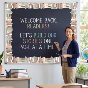 Detail view of library book themed bulletin board border stickers for classroom decor