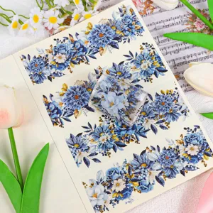 Detailansicht der blauen Blumen-PET-Aufkleber für Journal-Deko und wasserfestes Scrapbooking