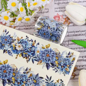 Detailansicht wasserfester blauer Blumen-PET-Sticker mit Dahlien für Scrapbooking