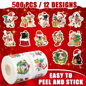 Detail of 500pcs Christmas cat and dog sticker roll with 2.5cm/1in size markers