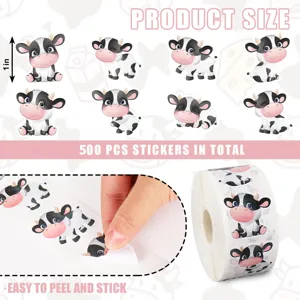 Close-up view of 1-inch cartoon cow stickers roll featuring 500 pieces for kids' parties
