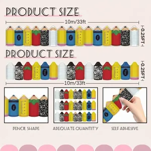Close-up of 10m pencil-shaped bulletin board border sticker showing self-adhesive backing