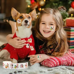 Detail of Christmas dog stickers used on face and hands for festive decoration
