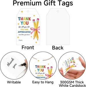 Detail view of 300GSM thick white teacher appreciation gift tags with pencil design