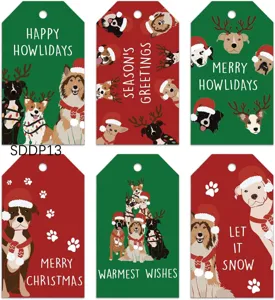 Set of six Christmas gift tags featuring festive cartoon dogs in classic red and green colors